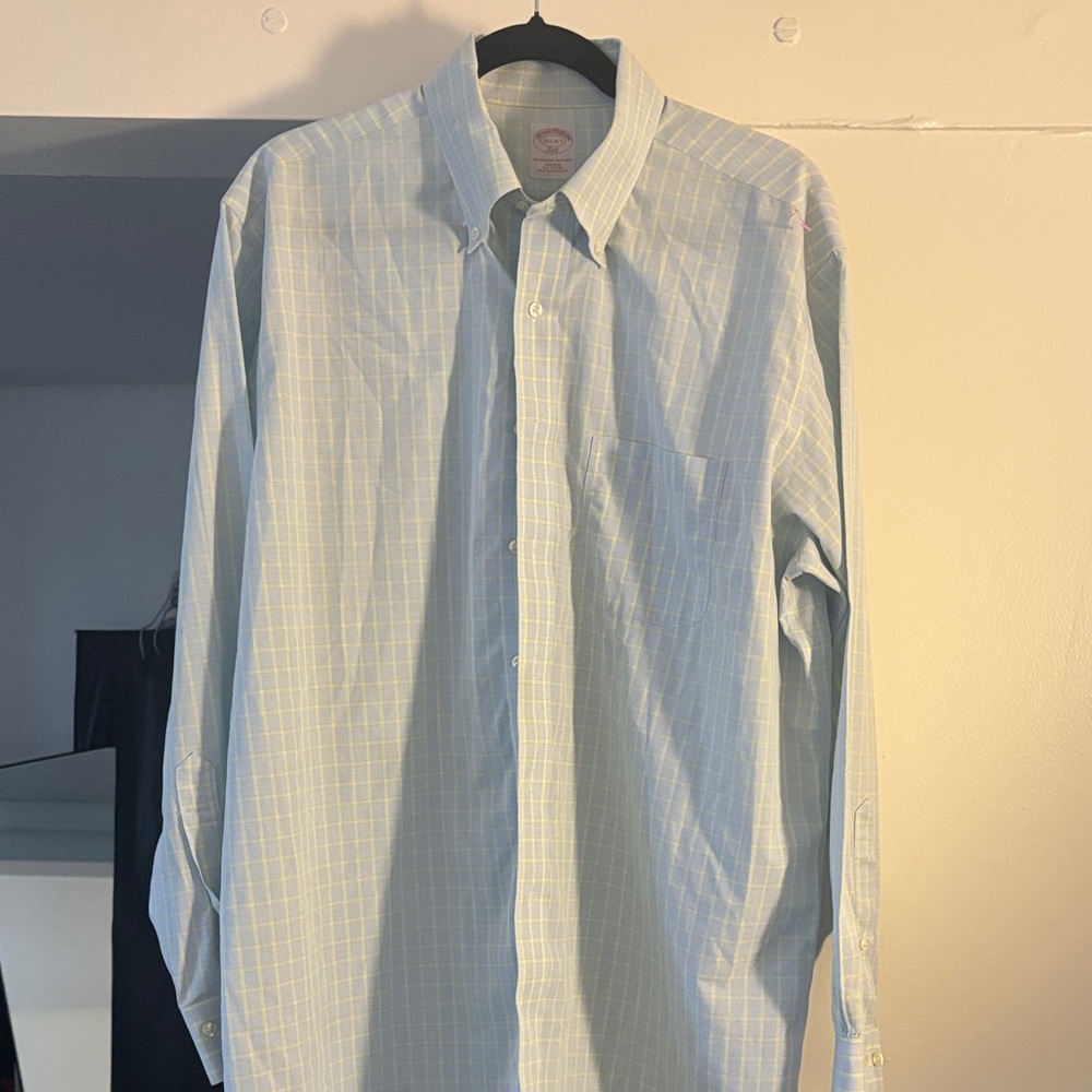Brooks brothers blue yellow and green checkered long sleeve collared shirt